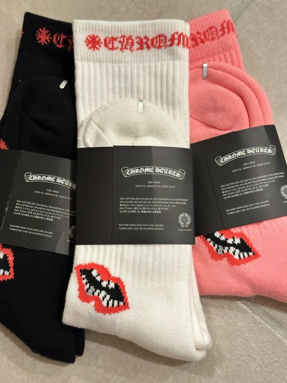 Chrome Hearts Pink Lip Chomper Socks 3-Pack Size Large Black White Pink
